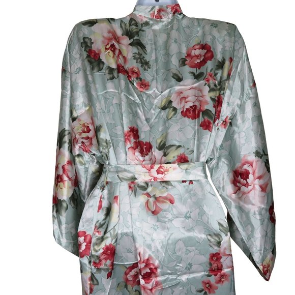 Vintage California Dynesty Full Length Satin Robe Green Floral Shoulder Pads NEW - Picture 8 of 12